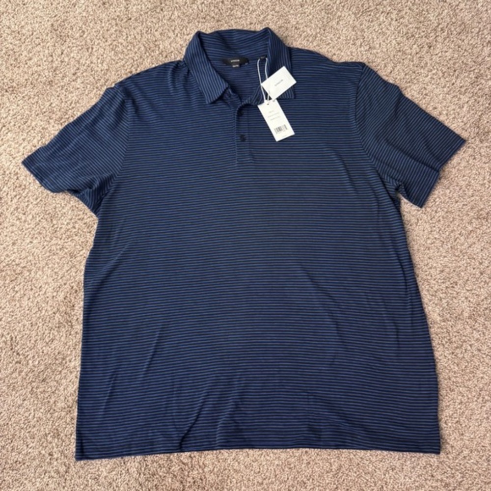 Vince Mens Striped Short Sleeve Polo Shirt‎ Navy Blue XXL MO1299895A NEW